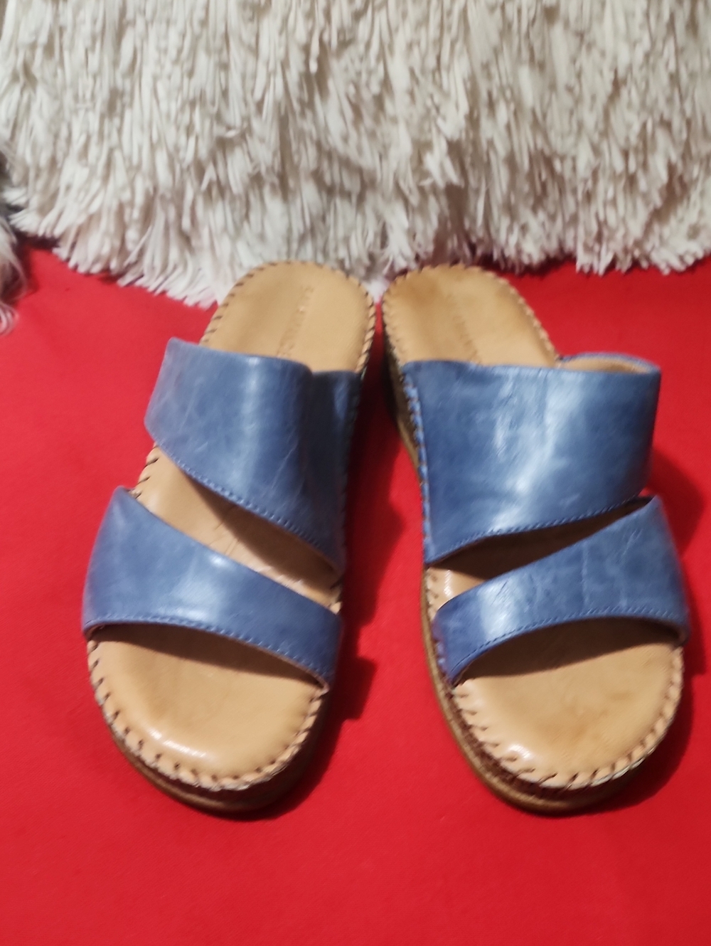 Salamander Women's Wedge Blue Leather Slide Sandals